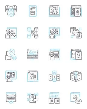 Developer linear icons set. Code, Debug, Build, Design, Innovate, Program Stock Illustration