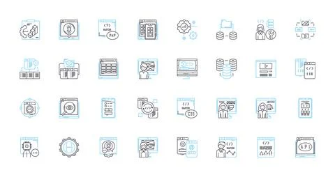 Developer linear icons set. Code, Debug, Build, Design, Innovate, Program Stock Illustration