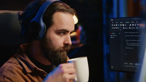 Developer listening music and drinking coffee while doing programming Stock Footage 265514615