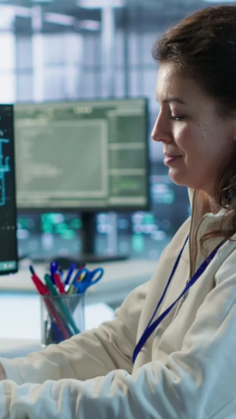 Developer listening music while programming in AI data center Stock Footage 319537314