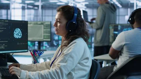 Developer listening music while programming in AI data center Stockfoto's