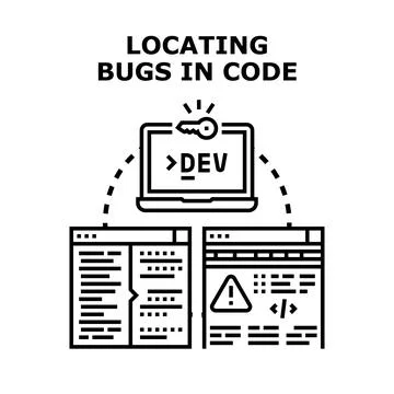 Developer locating bugs in software code for debugging Stock Illustration