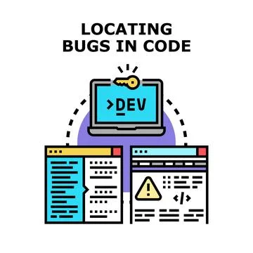 Developer locating bugs in software code for debugging Stockillustratie