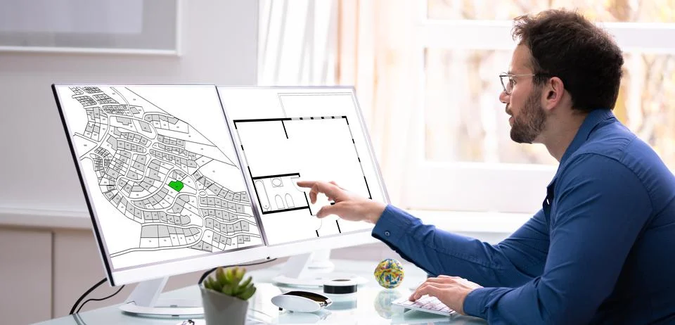 Developer Looking At Land Plot Map Fotos de archivo