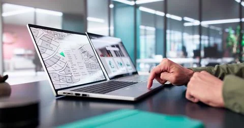 Developer Looking At Land Plot Map And Cadastre Plan Fotos de archivo