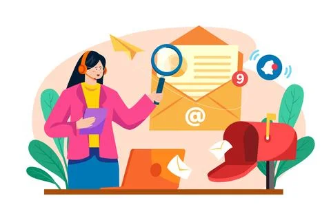 Developer With Magnifying Glass Working With Customer Mail. Stock Illustration