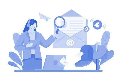 Developer With Magnifying Glass Working With Customer Mail. Illustrazione stock