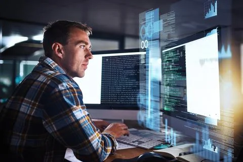 Developer, man and programmer code on computer screen with cybersecurity Fotos Stock