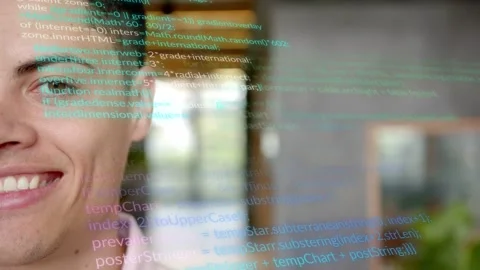 Developer opening eyes and smiling while responding to code overlay scrolling Stock Footage 333255636
