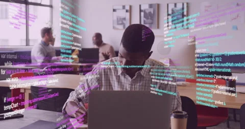 Developer opening laptop and placing notes for coding while colleagues talking Stock Footage 315548199