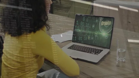 Developer opening laptop and revealing scrolling code with crypto overlay for Stock Footage 312483166