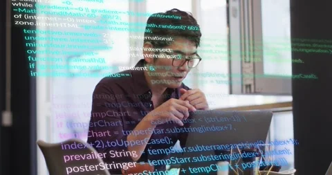 Developer opening laptop and scanning code in office, syncing animated debug Stock Footage 318045911