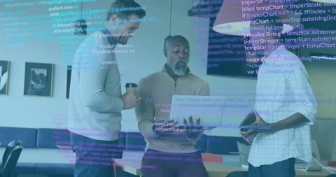 Developer opening laptop reviewing code, colleagues tapping tablet for tech Stock Footage 329126163