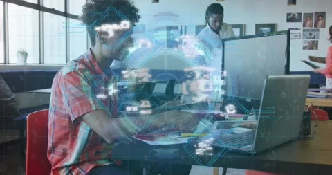 Developer opening laptop in tech office, hologram pulsing padlock icons for Stock Footage 328363512