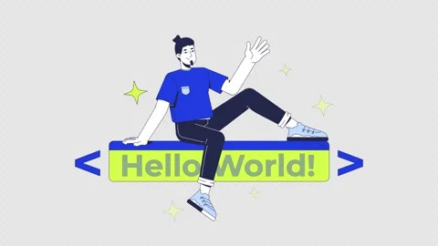 Developer over hello world text banner 2D animation Video stock 311918738