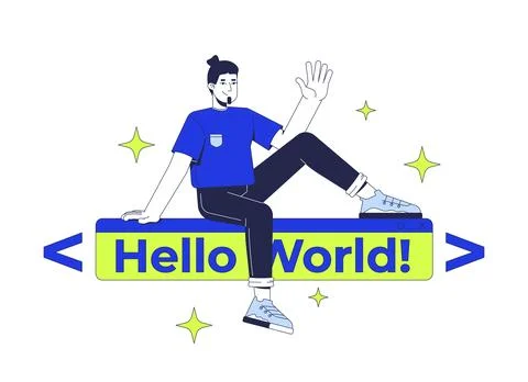 Developer over hello world text banner 2D illustration concept イラスト素材