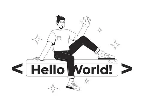 Developer over hello world text banner line illustration concept Stockillustratie