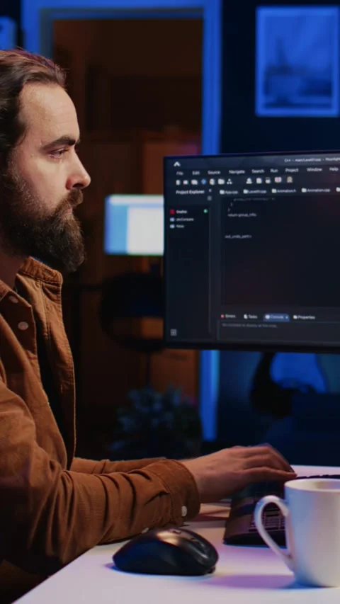 Developer overthinking solutions while doing programming during remote job shift Stock Footage 264508972