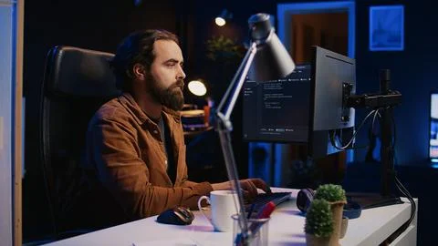 Developer overthinking solutions while doing programming during remote job shift Foto stock