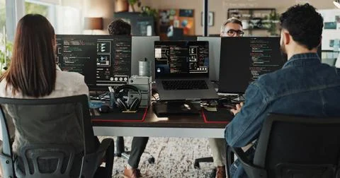 Developer, people and computer with screen in coworking office for web Stock Photos