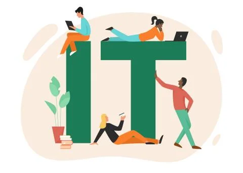 Developer people with IT lettering vector illustration, cartoon flat tiny Stock Illustration