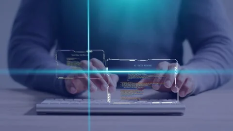 Developer placing hands above keyboard, spawning hologram code panels and Video stock 335235149