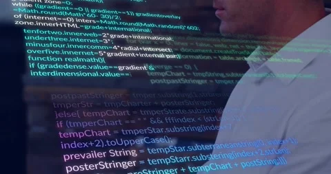 Developer placing hands on keys and typing JavaScript code causing overlay Stock Footage 318238002