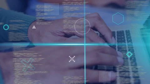 Developer placing hands on keys typing code while cyan overlays converging to Stock Footage 335235143