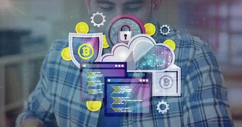 Developer in plaid shirt sitting at office with code windows, crypto coins and 스톡 사진