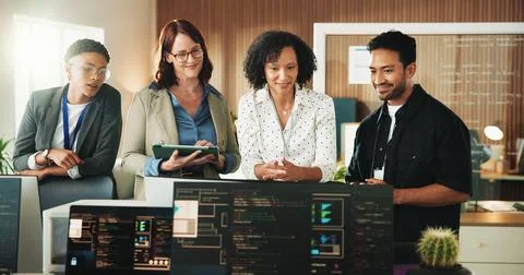 Developer, planning and computer with business people in office for databas.. Stock Photos