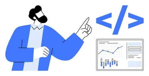 Developer pointing at code symbol and analytics screen with charts, graphs, a Illustrazione stock