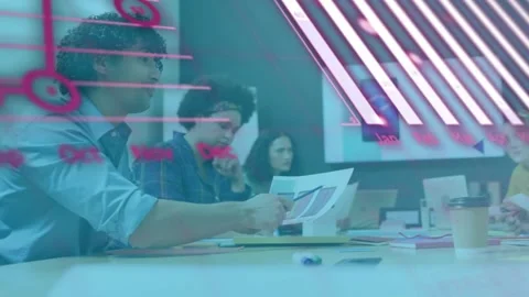 Developer presenting color swatches pink code scrolling evolving charts guiding Stock Footage 328715734