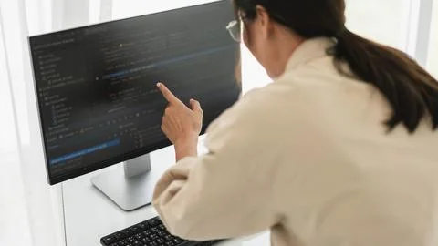 Developer programmer checking code on monitor while programming to developi.. 스톡 사진