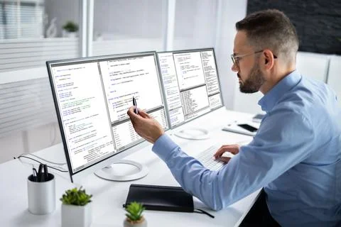 Developer Programmer Man Coding Software Foto stock