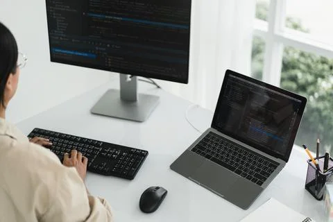 Developer programmer programming code to developing website and application.. Foto stock