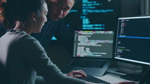 Developer programmer, software engineer, IT support, working with colleague Stock Footage 220951669