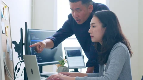 Developer programmer, software engineer, IT support, working with colleauge Stock Footage 221004138