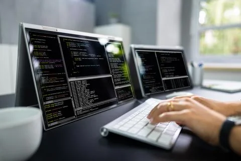 Developer Programmer Woman Coding Software Foto stock
