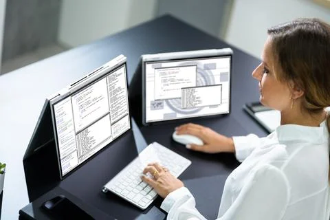 Developer Programmer Woman Coding Software Foto stock