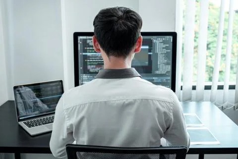 Developer programmer working on coding program software computer in office, W 스톡 사진