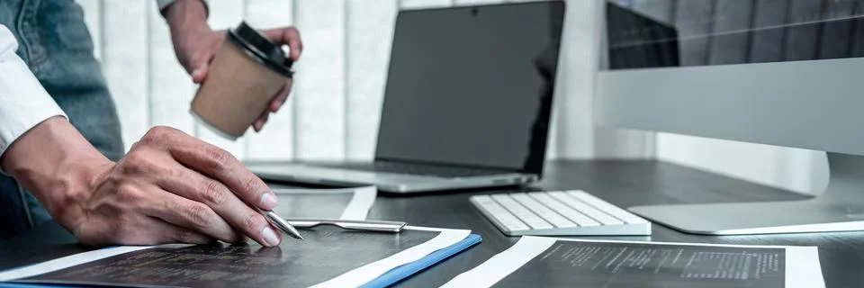 Developer programmer working on coding program software computer in office, W Stock Photos