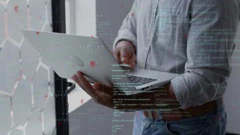 Developer reviewing code by hex glass, tilting laptop, opening lid, typing while Stock Footage 335282056
