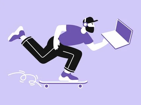 Developer riding a skateboard and working on a notebook Stock Illustration