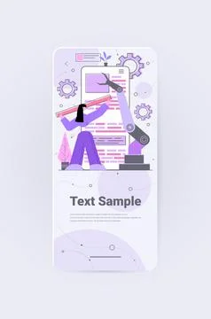 Developer with robotic hand creating mobile website ui web application Stock Illustration