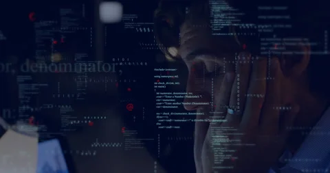 Developer rubbing head pressing face after code error while animated code 動画素材 309893936