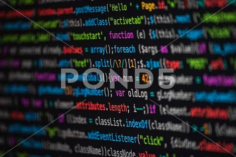 Developer screen with colored website programming code Stock Photos