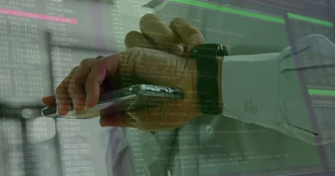 Developer scrolling smartphone in office initiating code overlay checking Stock Footage 310430389