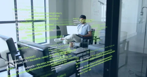 Developer seeing code overlay on transparent board, typing and reviewing code Stock Footage 315305975