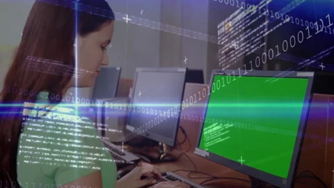 Developer settling into chair and using keyboard, starting coding, binary code Stock Footage 311962941