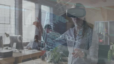 Developer settling VR headset raising hand in tech hub navigating holographic Stock Footage 314687241